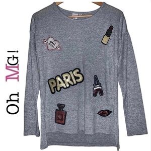 Oh MG! Gray Paris France Long Sleeve Top Sequins Appliqué Beauty Women’s Large
